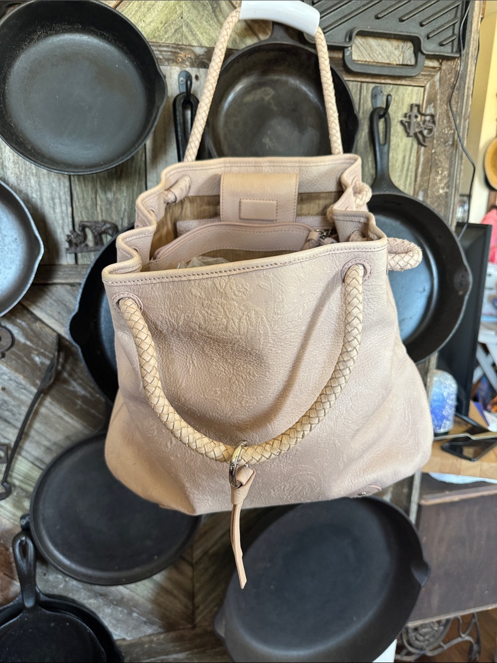 Eileen West Blush Beige Leather Drawstring Shoulder Bag